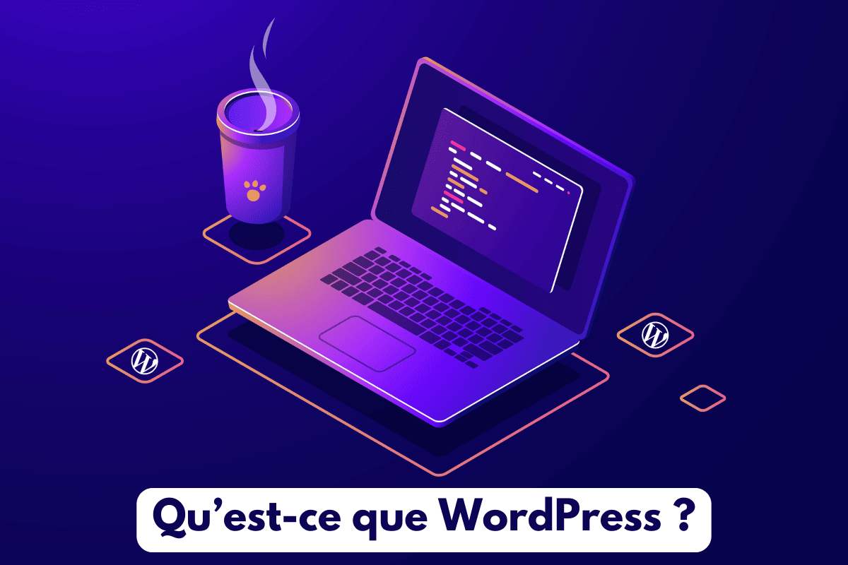 Ordinateur en néon avec titre : qu'est-ce que WordPress ?