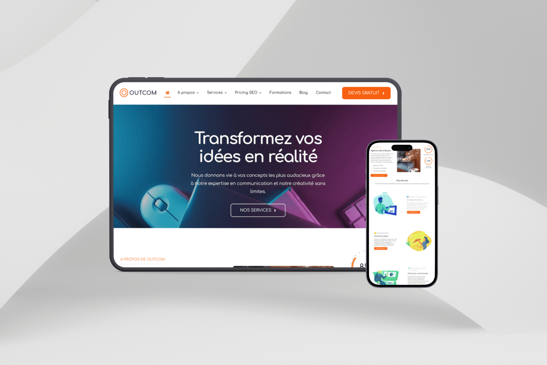 Mockup d'un site vitrine et e-commerce d'une agence de communication - Outcom