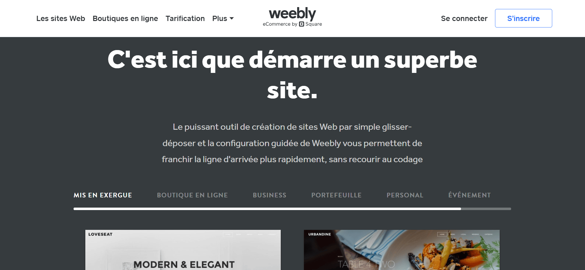 Capture d'écran du site de Weebly