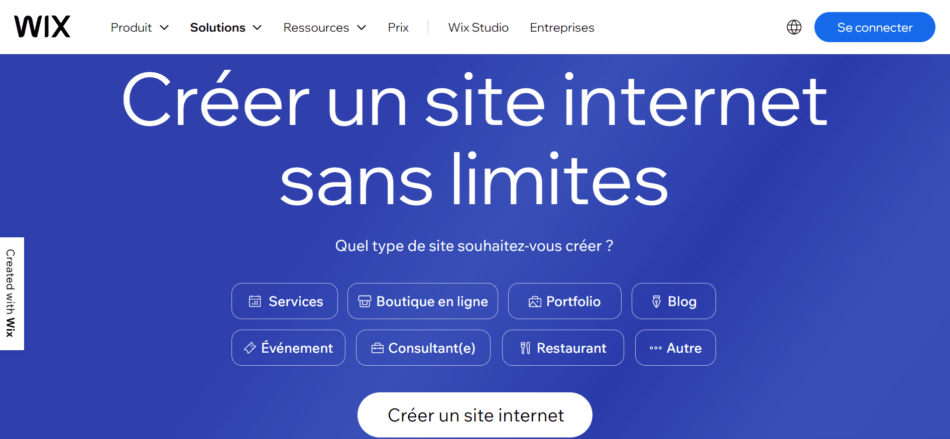 Capture d'écran du site de Wix